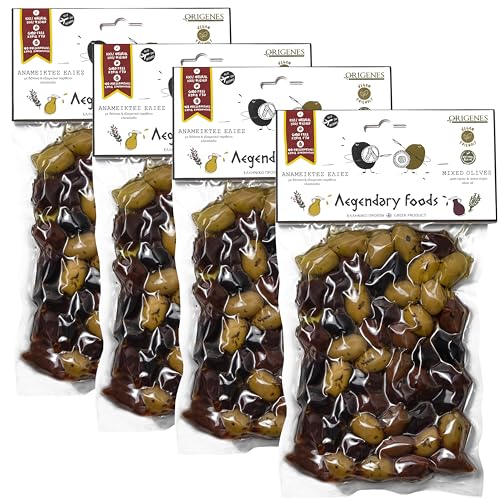 4er Pack gemischte Oliven im Vakuum, schwarze Kalamon-Oliven gemischt mit grünen Oliven in Zitronensaft mariniert, mit würzigem griechischem Oregano, frisch versiegelte Oliven mit extra nativem Öl von ORIGENES DEVOTED TO OUR HERITAGE