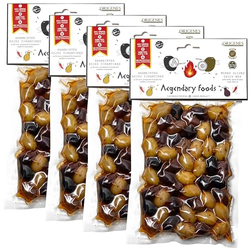 4er-Pack pikante gemischte Oliven im Vakuum, Kalamon und grüne Oliven mit rotem Paprika, frisch versiegelte Oliven mit nativem Öl extra 4X200g von ORIGENES DEVOTED TO OUR HERITAGE