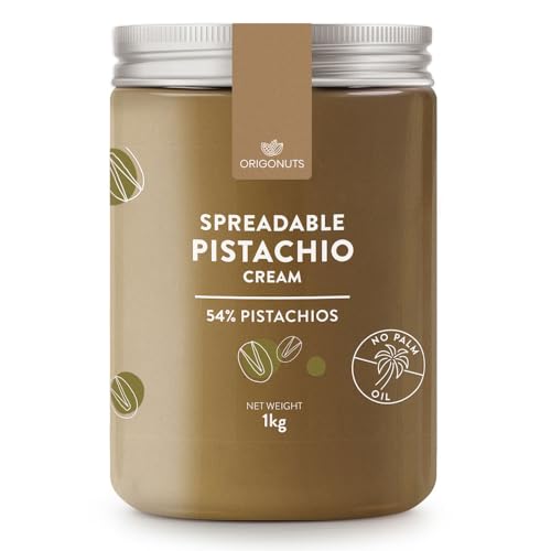 ORIGONUTS Pistaziencreme Dubai Schokolade 1 kg mit 54% Pistazien Aufstrich Süß Pistazienmus Streichfähige Pistazien Creme Perfekt für Krapfen Käsekuchen Croissant Desserts Brotaufstrich ohne Palmöl von ORIGONUTS Patisserie & Chocolaterie