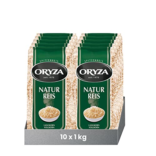 ORYZA Natur Reis 1 kg, 10er Pack (10 x 1kg), Langkorn-Reis, Vollkorn-Reis, Brauner Reis, vegan, von Natur aus glutenfrei von Oryza