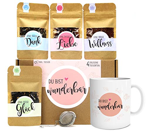 OWLBOOK® Tee Geschenkset Du bist Wunderbar | Tee Geschenke für Frauen als Geburtstagsgeschenk Muttertagsgeschenke | Teebox mit 4 Teesorten & Tee-Ei & Tasse von OWLBOOK