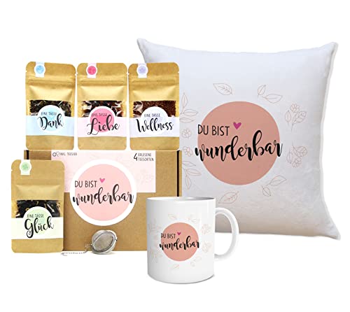 OWLBOOK Du bist wunderbar Tee Geschenk-Set mit 4 verschiedene Sorten und Tasse und Kissen Geschenkidee für Frauen zum Valentinstag Weihnachten von OWLBOOK