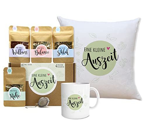 OWLBOOK Eine kleine Auszeit Tee Geschenkset Muttertagsgeschenk mit 4 verschiedene Sorten Tee und Tee-Ei + Tasse + Kissen Geschenke für Frauen zum Muttertag Weihnachten von OWLBOOK