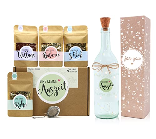 OWLBOOK® Tee Geschenkset Auszeit | Geschenke für Frauen | Geburtstagsgeschenk für Frauen | Ostergeschenke Erwachsene | Geschenke für Mama Geburtstag Muttertag Ostern | mit LED Flaschenlicht von OWLBOOK