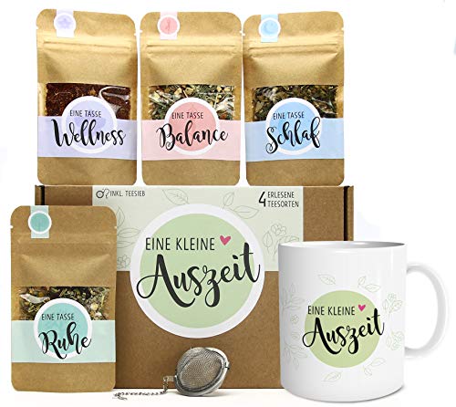 OWLBOOK Eine kleine Auszeit Tee Geschenkset Muttertagsgeschenk mit 4 verschiedene Sorten & Tee-Ei und Tasse Geschenkidee für Ruhe und Entspannung von OWLBOOK
