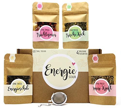 OWLBOOK® Tee Geschenkset Frauen - Energieschub - Tee Geschenke für Mama Oma Freundin als Geburtstagsgeschenk Muttertagsgeschenke | Teebox mit 4 Teesorten & Tee-Ei von OWLBOOK
