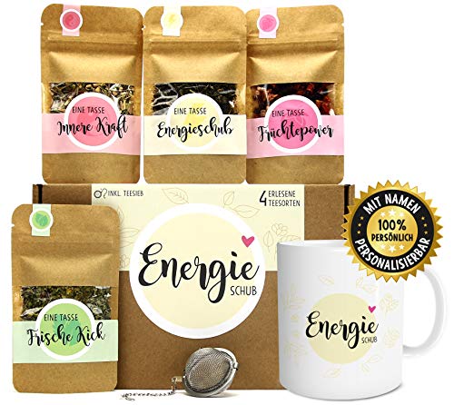 OWLBOOK Energieschub Tee Geschenk-Set mit 4 verschiedene Sorten und Tasse mit Namen personalisiert Geschenkidee für Frauen von OWLBOOK