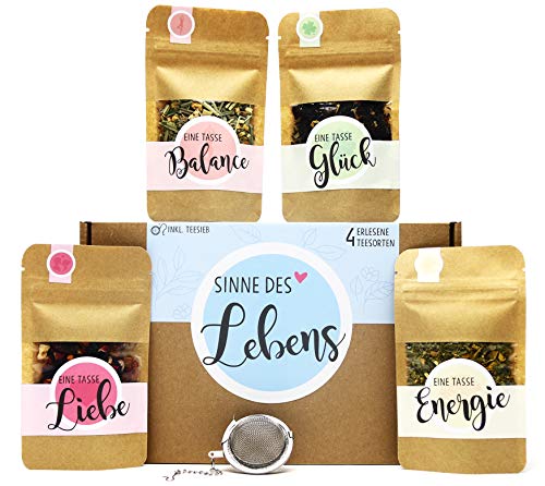 OWLBOOK® Tee Geschenkset Frauen - Sinne des Lebens - Tee Geschenke für Mama Oma Freundin als Geburtstagsgeschenk Muttertagsgeschenke | Teebox mit 4 Teesorten & Tee-Ei von OWLBOOK