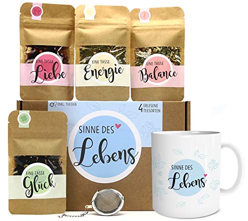 OWLBOOK Sinne des Lebens Tee Geschenk-Set mit 4 verschiedene Sorten & Tee-Ei und Tasse mit Namen personalisiert Geschenkidee für Frauen von OWLBOOK