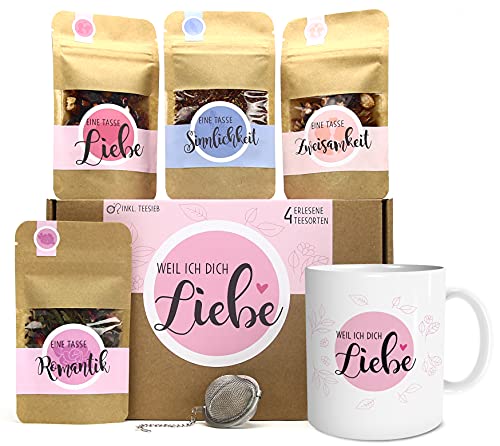 OWLBOOK Weil ich Dich Liebe Tee Geschenk-Set mit 4 verschiedene Sorten und Tasse mit Namen personalisiert Geschenke für Frauen zum Valentinstag von OWLBOOK