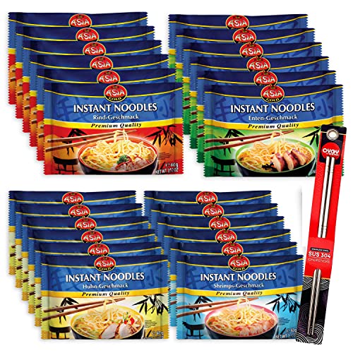 24er Mix Set Asia Gold Instant Nudeln I je 6x Rind Huhn Shrimp Ente I 24x60g I Chinesische Nudeln I Asia Nudeln Instant I Ramen Nudeln I Asiatische Nudeln I plus OYOY Metall Essstäbchen von OYOY