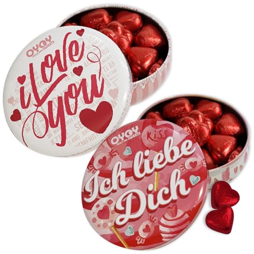 2er Mix Set OYOY Ich liebe Dich und I Love You Geschenkbox gefüllt mit jeweils ca. 200g roten Schokoherzen I Geschenkset Schokolade ideal zum Valentinstag oder Jahrestag Geschenk von OYOY