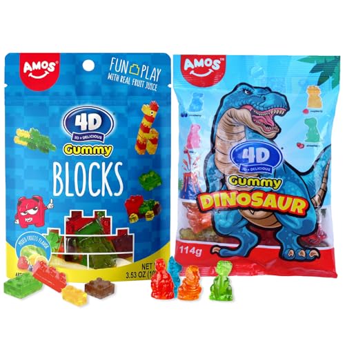 2er Set Amos 4D Gummy Blocks und Dinosaurs I Fruchtgummi Bausteine und Dinosaurier im 3D Design I Ideal für den Kindergeburtstag und als Muffin Deko von OYOY