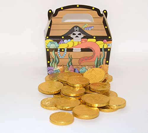 2x 100g Goldmünzen aus Milchschokolade plus 1x Piraten-Schatzkiste aus Karton I 2 x 12-14 Stück I Fair Trade Kakao I Ideal als Mitgebsel und für Kindergeburtstage von OYOY