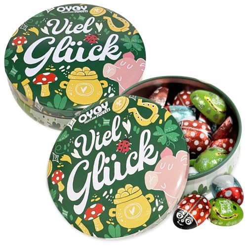 2x OYOY Viel Glück Geschenkbox aus Metall gefüllt mit Glücksbringer Schokolade I Süßigkeiten Box mit Viel Glück Schokolade I Glücksbringer Silvester Geschenk von OYOY