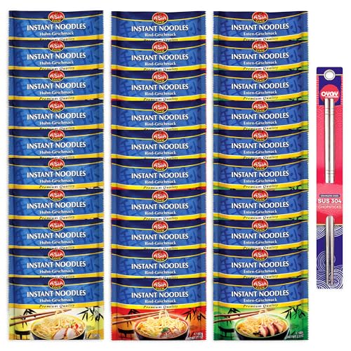 30er Mix Set Asia Gold Instant Nudeln I je 10x Rind Huhn Ente I 30x60g I Chinesische Nudeln I Asia Nudeln Instant I Asiatische Nudeln I Instant Ramen I OYOY Metall Essstäbchen von OYOY