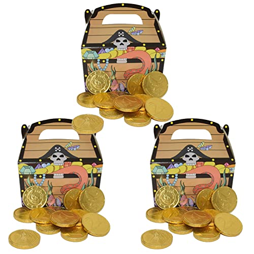 33 Goldmünzen aus Milchschokolade plus 3x Piraten-Schatzkiste aus Karton I 255g I Ideal als Mitgebsel und für Kindergeburtstage somit 3 Schokoladengeschenke von OYOY