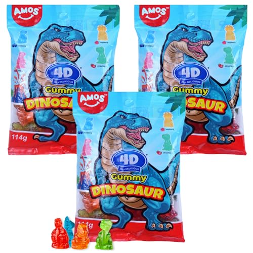 3x Amos 4D Gummy Dinosaur I Fruchtgummi Dinosaurier in detaillierter 3D Form I 114g Beutel I Dino Süßigkeiten I Dino Kindergeburtstag von OYOY