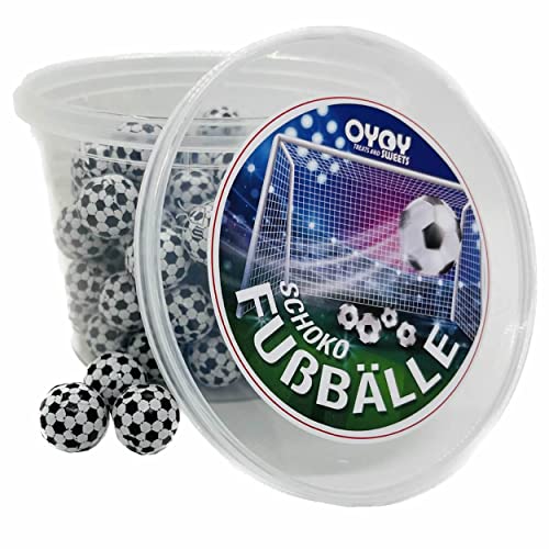 510g Schokofußbälle aus Milchschokolade in Oyoy Behälter I 85-95 Schokofußbälle I Fair Trade Kakao I plus OYOY Fussballsticker I Mottoparties, Weltmeisterschaft & Kindergeburtstage von OYOY