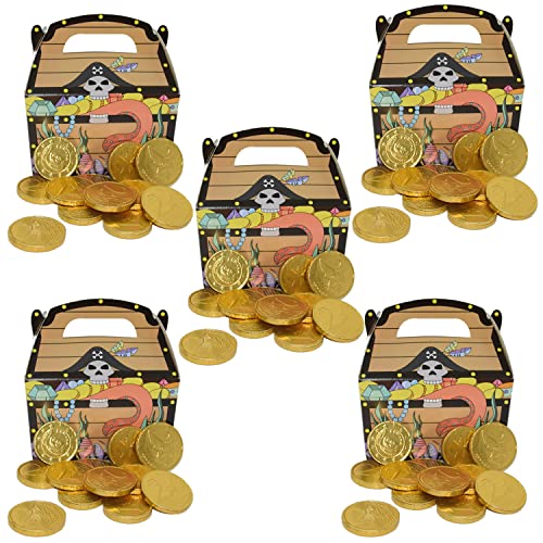 55 Goldmünzen aus Milchschokolade plus 5x Piraten-Schatzkiste aus Karton I 425g I Ideal als Mitgebsel und für Kindergeburtstage (55 Goldmünzen + 5 x Piratenbox) I Schokoladengeschenkset von OYOY