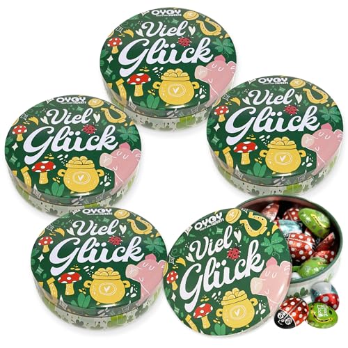5x OYOY Viel Glück Geschenkbox aus Metall gefüllt mit Glücksbringer Schokolade I Süßigkeiten Box mit Viel Glück Schokolade I Glücksbringer Silvester Geschenk von OYOY