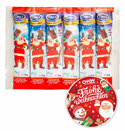 6x 15g Weihnachts-Schokolollies am Stil aus Vollmilchschokolade I Fair Trade Kakao I Ideal für Nikolausstiefel, Adventskalender, Weihnachtsteller, als süße Weihnachtsdeko I mit OYOY Weihnachtssticker von OYOY