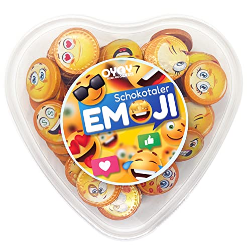 OYOY Emoji Schokolade Set mit 510g Smiley Schokotaler in einer Herzdose I ca. 78 Schokoladentaler aus Milchschokolade I Geschenke zum Geburtstag I Nervennahrung I Süssigkeiten Box von OYOY