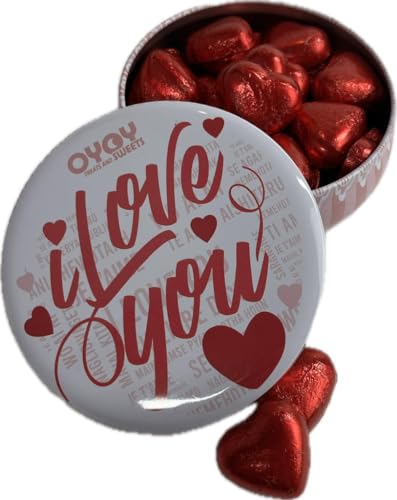 OYOY I Love You Geschenkbox gefüllt mit ca. 200g roten Schokoherzen I Geschenkset Schokolade ideal für Valentinstag oder Jahrestag Geschenk I Ich liebe Dich Schokolade von OYOY