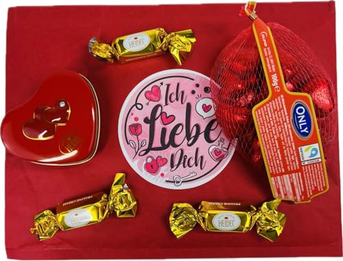 OYOY Liebespost Süßigkeiten Geschenk Set I kleines Schmuckherz gefüllt mit 32g feinsten Nougatpralinen von Confiserie Heidel und 100g Schoko Herzen I Jahrestag Schokolade Geschenk von OYOY