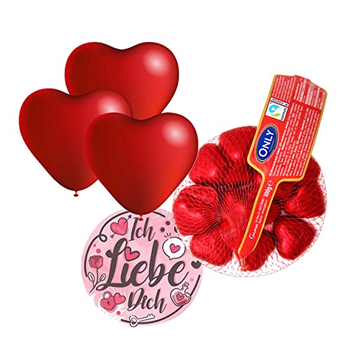 Liebes-Set mit 100g Schokoladenherzen und 3 Herzluftballons I Ausgefallenes Geschenk I Super Geschenk I plus OYOY Liebe Dich Sticker von OYOY