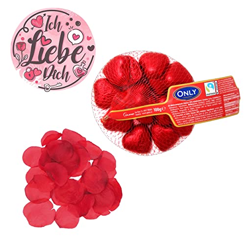 Liebes-Set Oyoy mit 100g Schokoladenherzen und 75 roten Deko-Rosenblütenblättern I Ausgefallenes Geschenk I Super Überraschung I plus Ich Liebe Dich Sticker von OYOY