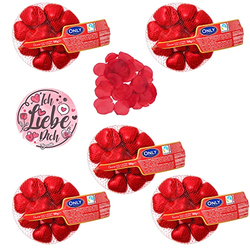 Liebes-Set Oyoy mit 500g Schokoladenherzen und 75 roten Deko-Rosenblütenblättern I Ausgefallenes Geschenk I Perfekte Überraschung I plus Ich Liebe Dich Sticker von OYOY