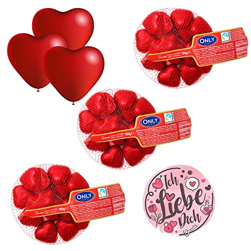 Liebes-Set mit 300g Schokoladenherzen und 3 Herzluftballons I Ausgefallenes Geschenk I Schönes Geschenkt I plus OYOY Ich Liebe Dich Sticker von OYOY