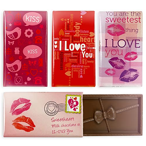 Liebes-Set mit 5 süßen Milchschokolade-Täfelchen mit Liebesbotschaften versehen I plus Ich Liebe Dich Sticker (1er set Täfelchen) von OYOY