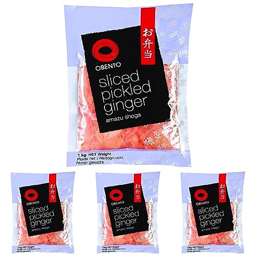 Obento Sliced Pickled Ginger Pink (Eingelegter Ingwer Pink in Scheiben), 1 kg (Packung mit 4) von Obento