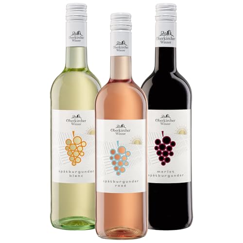 Oberkircher Winzer Wein-Probierpaket - GENUSSWEINE - Spätburgunder Blanc de Noir Weißwein trocken, Spätburgunder Rosé trocken & Merlot-Spätburgunder Rotwein halbtrocken (3 x 0,75l) von Oberkircher Winzer eG