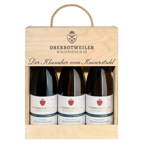Oberrotweiler Lagen-Wein Geschenk in der Holz-Kiste mit Weißwein trocken (Weissburgunder, Grauburgunder) & Rotwein trocken (Spätburgunder) - hochwertige Alternative zum Präsentkorb (3 x 0,75 l) von Oberrotweiler Winzerverein eG