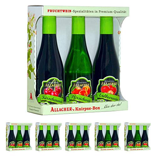 6 x Geschenkset Allacher KNIRPSE-BOX mit je 1 Flasche 0,2 l Erdbeerwein, Pfirsichwein, Kirschwein, 6% vol. Alk. von Obstland-Kellerei ALLACHER