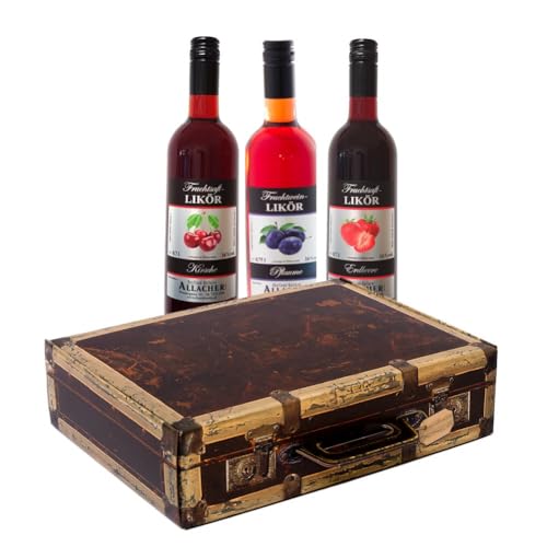 Allacher Frucht Likör Geschenkpaket - Fruchtliköre im Geschenkkoffer 0,7L 16% vol. - Erdbeerlikör, Pfirsichlikör, Heidelbeerlikör - Alkohol Geschenk - Geschenkset Liqueur von Obstland-Kellerei ALLACHER