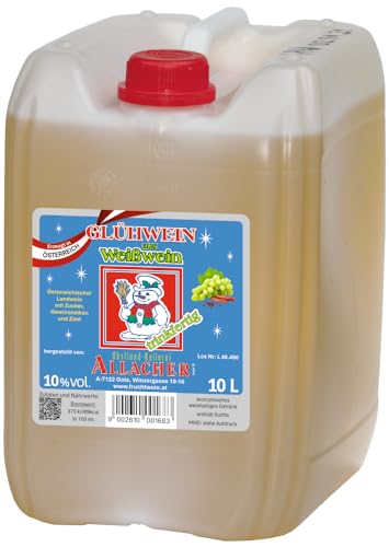 Allacher Glühwein weiß 10% vol. trinkfertig - 10L Kanister - Großmenge ideal für Weihnachtsmarkt, Christkindlmarkt, Adventmarkt - Winter Heißgetränk - Glühwein Kanister Allacher Glühwein weiß 10% vol. trinkfertig - 10L Kanister - Großmenge ideal für Weihnachtsmarkt, Christkindlmarkt, Adventmarkt - Winter Heißgetränk - Glühwein Kanister von Obstland-Kellerei ALLACHER