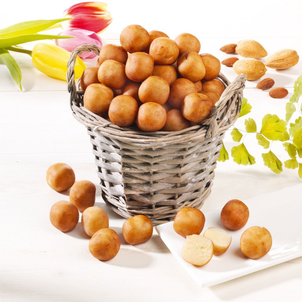 Edel-Marzipankartoffeln mit Korb Edel-Marzipankartoffeln mit Korb von Odenwälder Marzipankonditorei