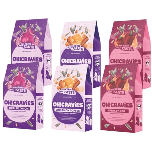 OH!CRAVIES Geröstete, ungeschälte Sonnenblumenkerne mit Geschmack Try-Me-Set 6x60g | 2x Grilled Onion, 2x Cinnamon Toffee, 2x Smokey BBQ | Vegan und reich an gesunden Nährstoffen OH!CRAVIES Geröstete, ungeschälte Sonnenblumenkerne mit Geschmack Try-Me-Set 6x60g | 2x Grilled Onion, 2x Cinnamon Toffee, 2x Smokey BBQ | Vegan und reich an gesunden Nährstoffen von Oh!CRAViES