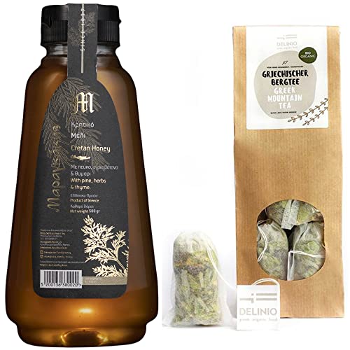 Kretischer Honig Kiefer Wildkräuter - Hochwertiger Premium Honig aus Kreta | Traditionelle Imkerei Maragkakis |Griechischer Bio Bergtee von Delinio - Sideritis Scardica | 10 Teebeutel und 500g Honig Kretischer Honig Kiefer Wildkräuter - Hochwertiger Premium Honig aus Kreta | Traditionelle Imkerei Maragkakis |Griechischer Bio Bergtee von Delinio - Sideritis Scardica | 10 Teebeutel und 500g Honig von Oligri