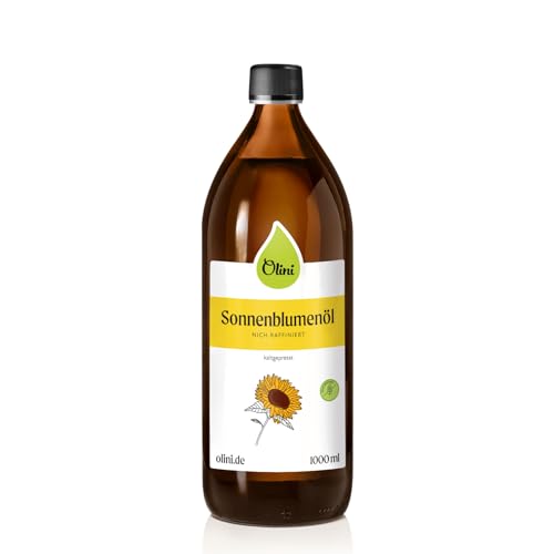 OLINI Sonnenblumenöl 1000 ml Immer Frisch Gepresst Kalt Gepresst bis zu 40°C Natürliches Öl Unraffiniert Geschmack nach Frischen Sonnenblumenkernen eine Ergänzung Ihrer Küche Glasflasche von Olini