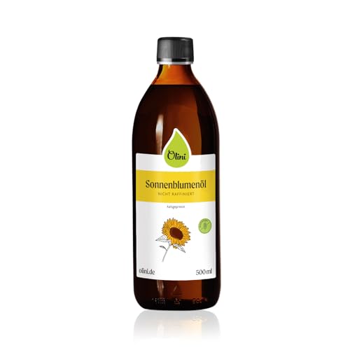 OLINI Sonnenblumenöl 500 ml Immer Frisch Gepresst Kalt Gepresst bis zu 40°C Natürliches Öl Unraffiniert Geschmack nach Frischen Sonnenblumenkernen eine Ergänzung Ihrer Küche Glasflasche von Olini