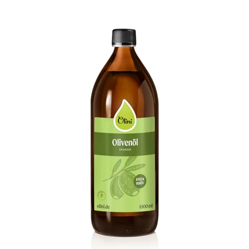 Olini Natives Olivenöl Extra 1 Liter Glasflasche Erstpressung Naturbelassen, kaltgepresst Reich an ungesättigten Fettsäuren Zum Braten von Olini