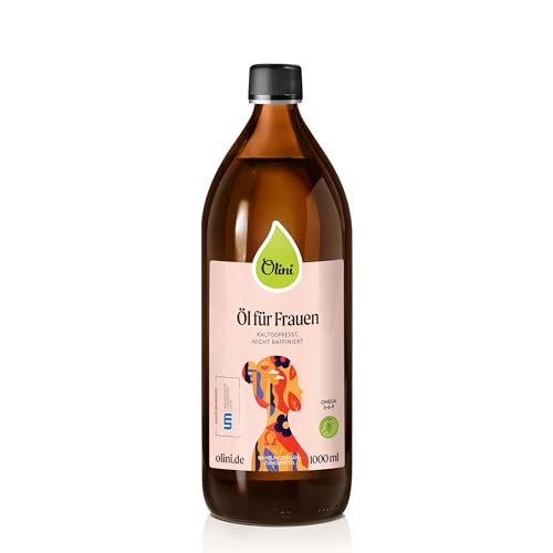 Olini Öl für Frauen aus Leinöl, Nachtkerzenöl und Olivenöl Frische Glasflasche 1000 ml 1L Kaltgepresst, unraffiniert, ungereinigt Reich an ungesättigten Fettsäuren an Omega-6, Omega-3 von Olini