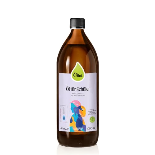Olini Öl für Schüler aus Lein-, Walnuss- und Haselnuss- und Olivenöl Frische 1000 ml 1L Glasflasche Kaltgepresst, unraffiniert, ungereinigt Reich an ungesättigten Fettsäuren Zarter Geschmack von Olini
