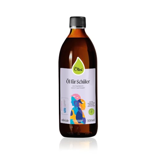 Olini Öl für Schüler aus Lein-, Walnuss- und Haselnuss- und Olivenöl Frische 500 ml Glasflasche Kaltgepresst, unraffiniert, ungereinigt Reich an ungesättigten Fettsäuren Zarter Geschmack von Olini