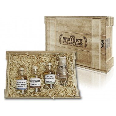 3 Whisky Sorten à 0,1 l Geschenkset mit einem edlen Nosing-Glas in geflammter Holzbox von Oliv & Co. - Genuss pur -